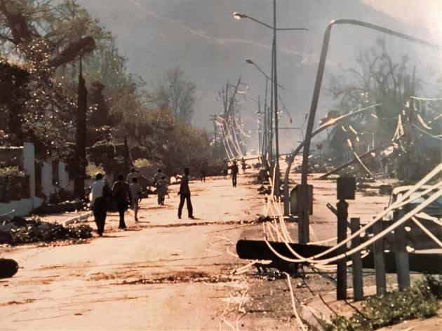 A road in Kingston after Hurricane Gilbert | Credit: Richards of Gamma via the book Hurricane Gilbert by Hill & Ogley & Hooley