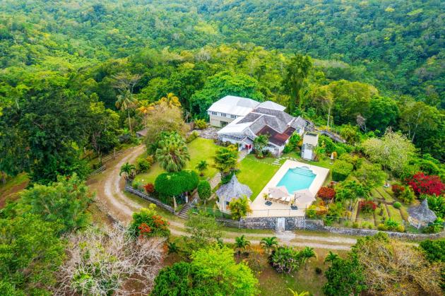 The Cedars Estate overhead shot showing front driveway, lawn, villa, pool and gardens | Credit: GM Realty Jamaica